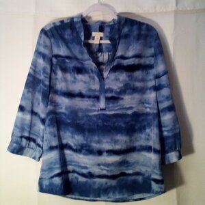 Chico's Blouse Women 1 M 3/4 Sleeve V-Neck Pattern Blue